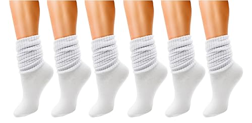 Winterlace 6 Pairs Slouch Socks for Women, Heavy Extra Long Cotton Scrunch Crew Sock, Bulk pack (White)