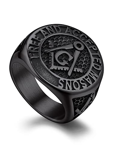 Bandmax Black Freemason Rings for Men Stainless Steel Black Masonic Symbol Signet Ring Mens Vintage Biker Ring Round Shape Pinky Ring Size 9 Masonic Freemason Gift for Him