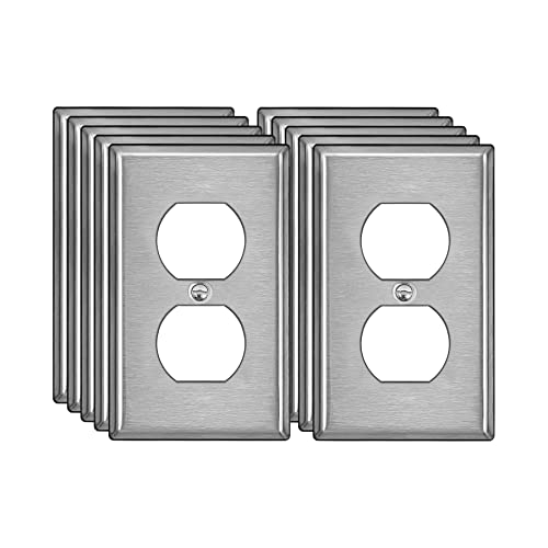 [10 Pack] BESTTEN Duplex Receptacle Metal Wall Plate with Protective Film, 1 Gang Standard Industrial Stainless Steel Outlet Cover, Durable Corrosion Resistant, Brushed Finish, Silver