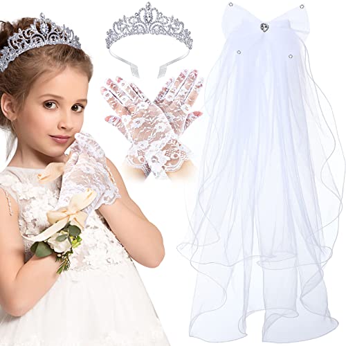 Foaincore 3 Pieces Girls First Communion Veils Bowknot Rhinestone Flower Headband Rhinestone Crown White Satin Gloves for Wedding First Communion