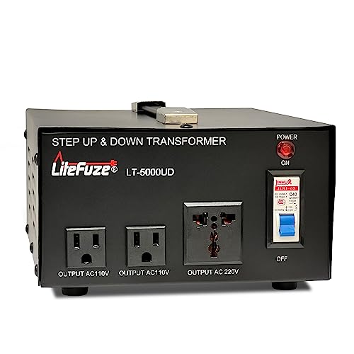 LiteFuze 5000 Watt Voltage Converter Transformer Step Up/Down - 110v to 220v / 220v to 110v Power Converter - Fully USA Grounded Cord - Universal Outlet Socket, 2x US Outlets - CE Certified