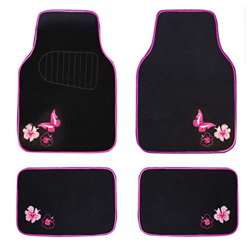 CAR PASS Embroidery Butterfly and Flower Car Floor Mats, Pink Car Floor Mats Universal Fit 95% Automotive,SUVS,Sedan,Vans,for Cute Women,Girly,Set of 4 (Black with Pink)