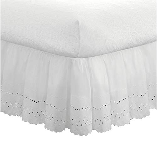FRESH IDEAS Ideas Ruffled Eyelet Bed Skirt Dust Ruffle with Gathered Styling and Embroidered Details, 14' Drop Length, Queen, White