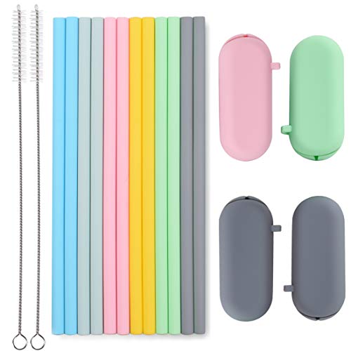 Sunseeke Silicone Straws Reusable - Odorless, 12 Standard Drinking Straws, 4 Carry Pouch, 2 Cleaning Brushes, Certificated Food Grade Platinum Silicone - 8 1/2' Long