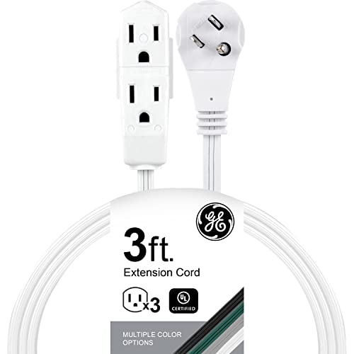 GE 3-Outlet Flat Extension Cord 3 Ft Grounded Extension Cord with Multiple Outlets 3 Prong Outlet Extender Flat Plug Power Strip Indoor Extension Cord 16 Gauge UL Listed White 69869