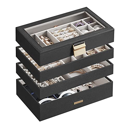 SONGMICS Stackable Jewelry Trays, 4-Tier Jewelry Box, Drawer Jewelry Organizer, with Glass Lid, Removable Dividers, for Vanity Table, 6.7 x 11 x 7.2 Inches, Gift Idea, Ink Black UJBC164B01