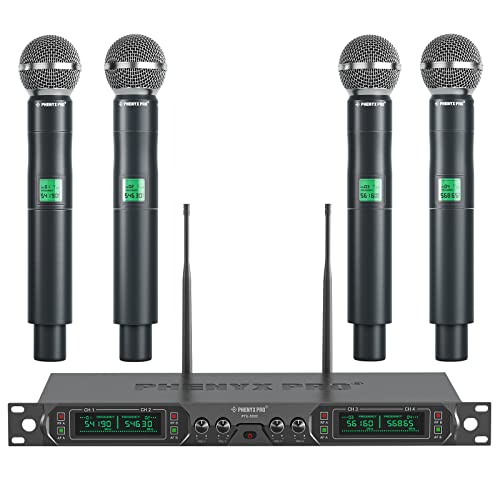 Phenyx Pro Wireless Microphone System, 4-Channel UHF Wireless Mic, Fixed Frequency Metal Cordless Mic with 4 Handheld Dynamic Microphones, 260ft Range, Microphone for Singing,Church(PTU-5000-4H)