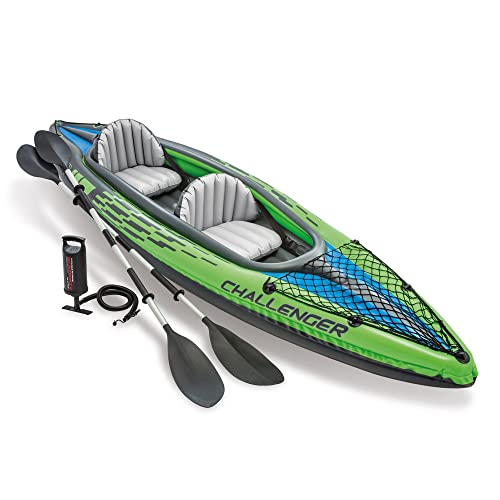 INTEX Challenger Inflatable Kayak Series: Includes Deluxe 86in Kayak Paddles and High-Output Pump – SuperStrong PVC – Adjustable Seat with Backrest – Removable Skeg – Cargo Storage Net
