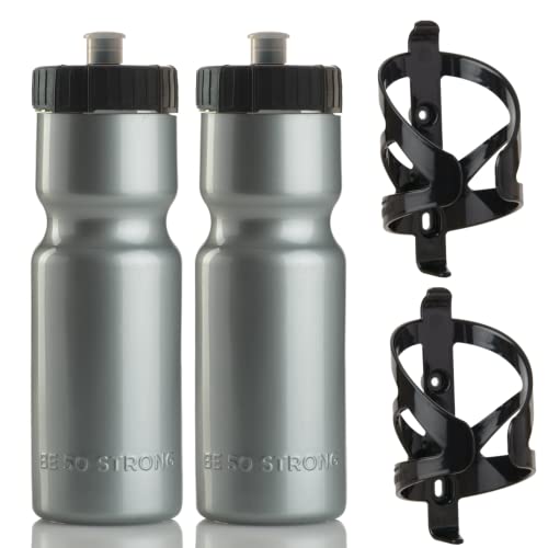 50 Strong Bike Water Bottle Holder and Bottle Combo | 2-Pack Bike Water Bottles & Water Bottle Cage | 22 oz Sports Squeeze Water Bottle with Pull Top Cap | Easy to Install Bike Cage | Made in USA