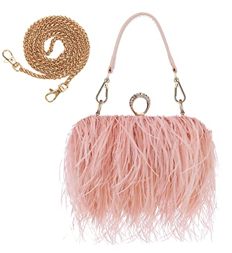 Zakia Real Natural Ostrich Feather Evening Clutch Shoulder Bag Party Bag (A-Pink)