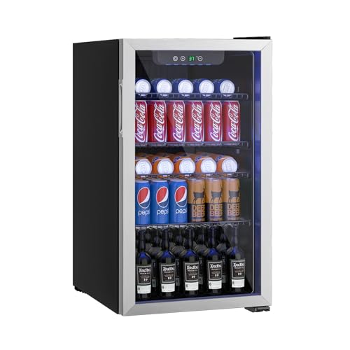 Erivess Compact Freestanding Beverage Refrigerator,126 Can Mini Fridge with Glass Front Door for Soda, Beer, or Wine, Under Counter Drink Dispenser with Adjustable Shelves and Digital Display