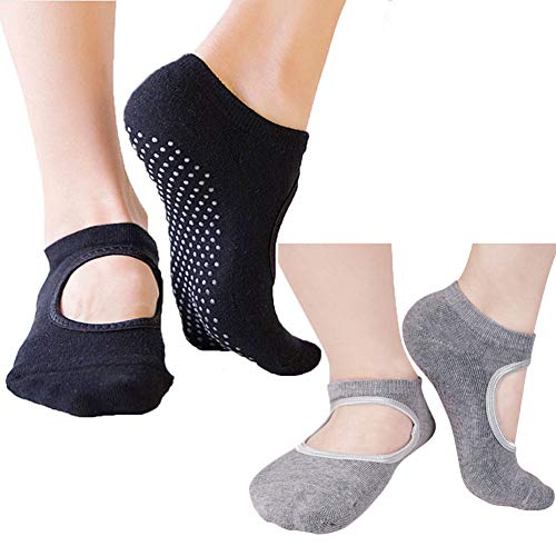 Boyizupha 2 Pairs Non Slip/Skid Yoga Socks For Women,Pilates,Barre,Ballet,Trampolines,Bikram,Grip Sox(Black Gray)