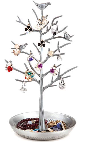 WELL-STRONG Jewelry Tree Necklace Earring Holder Modern Cute Bird Jewelry Stand for Women Girls Teen Silver