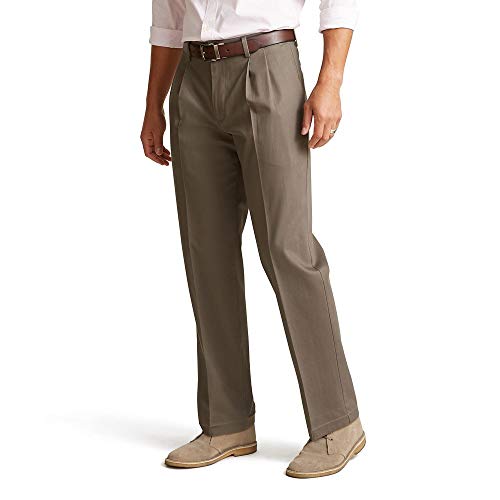 Dockers Men's Classic Fit Signature Khaki Lux Cotton Stretch Pants-Pleated (Regular and Big & Tall), Dark Pebble, 36W x 32L