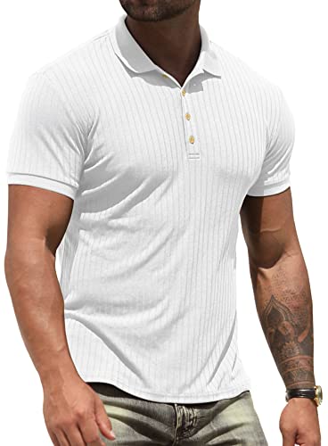 NITAGUT Men's Polo Shirts Short Sleeve Casual Slim Fit Workout Shirts White, Large
