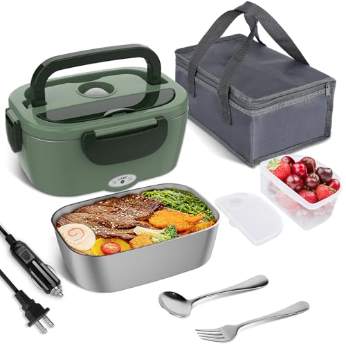 Vabaso Electric Lunch Box for Adults, 60-80W Heated Lunch Box Portable Food Warmer Lunch Box for Work/Men/Car/Truck with 1.5L 304 Stainless Steel Container Fork & Spoon, 110V/12V/24V