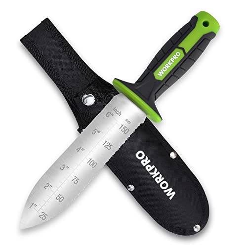 WORKPRO Hori Hori Garden Knife, 7' Stainless Steel Blade with Cutting Edge, Garden Tools with Oxford Sheath, Ergonomic TRP Handle with Hanging Hole for Weeding, Planting, Digging, Green