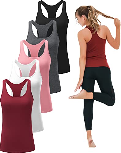 TELALEO 5-Pack Women's Workout Tank Tops, Athletic Racerback, Compression Dry Fit - Black/Grey/White/Red/Pink M