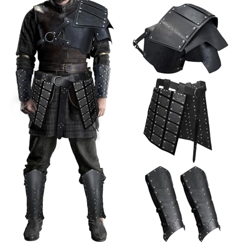 HiiFeuer Medieval Faux Leather Single Pauldron Shoulder Armor with Thigh Armor and Leg Armor for LARP Ren Faire