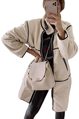 PRETTYGARDEN Women's Full Zip Fleece Jacket Long Sleeve Lapel Warm Winter Sherpa Coat With Pockets (Beige Apricot,Small)