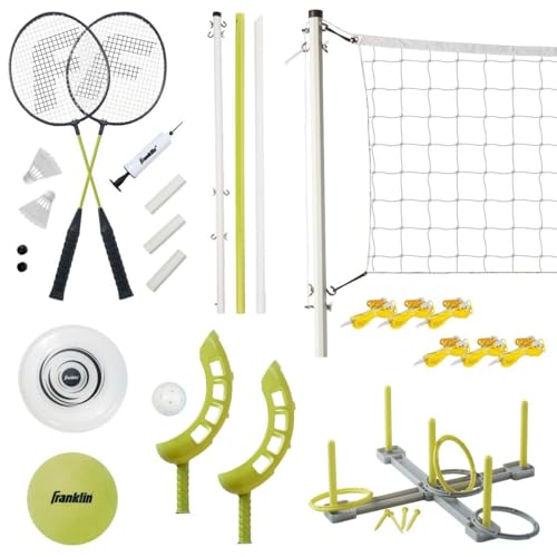 Franklin Sports Fun 5 Combo Outdoor Game Set - Backyard, Beach + Camping Games for Kids - Badminton, Volleyball, Flip Toss, Flying Disc - Horseshoes or Ring Toss