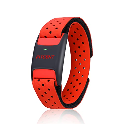 FITCENT Heart Rate Monitor Armband, Bluetooth ANT+ Optical Heart Rate Sensor Arm Band, Rechargeable Fitness Tracker for Peloton Strava Zwift Polar Beat DDP Yoga Wahoo Fitness (Red)
