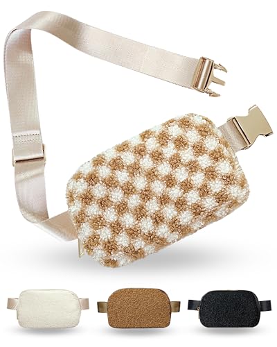 Sherpa Checkered Fanny Pack Crossbody Bag for Women - Gold Accessories, Adjustable Strap