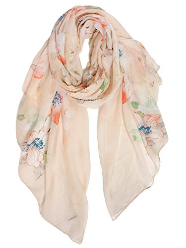 GERINLY Scarves for Women Bright Florals Fashion Head Scarf Cotton Wraps and Shawls with Botanical (Beige)