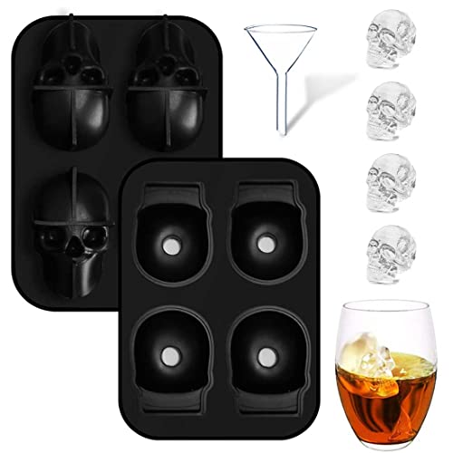 3D Skull Ice Mold Tray | Large Size 4 Cavity Food Grade Silicone Flexible Ice Maker for Whisky Jelly Candy Chocolate Cocktails - Awesome Halloween Christmas Gift, BPA Free