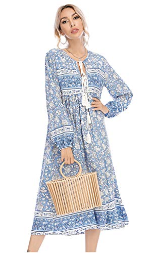 R.Vivimos Women's Long Sleeve Floral Print Retro V Neck Tassel Bohemian Midi Dresses (Medium, Light Blue)