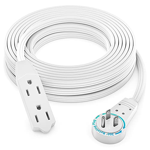 Maximm Cable 25 Ft 360° Rotating Flat Plug Extension Cord/Wire, 16 AWG Multi 3 Outlet Extension Wire, 3 Prong Grounded Wire - White - UL Certified
