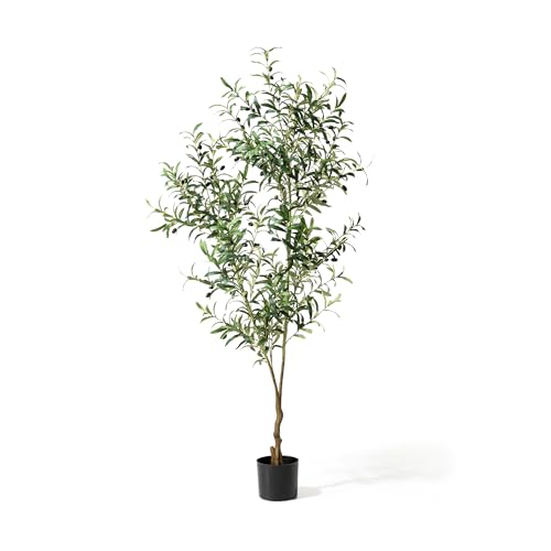 Glitzhome Artificial Olive Tree 6ft Tall Fake Potted Olive Silk Tree with Planter Faux Olive Branches and Fruits Artificial Tree