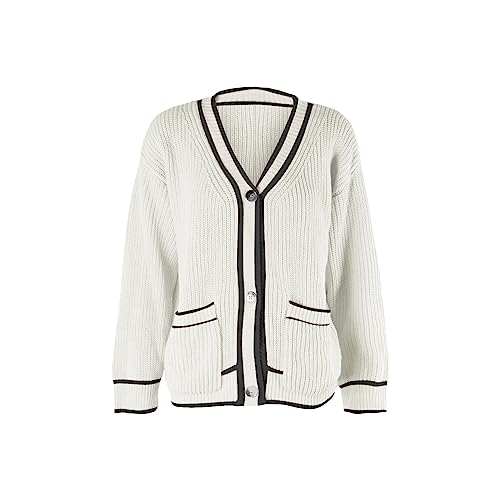 Lightning Deals of Today Prime Clearance Sweater Cardigan for Women Flannel Sweater Oversized Button Pockets Coat V Neck Sweater Female Button Front (White, L)