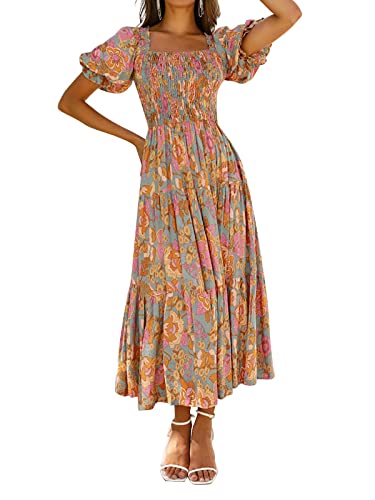 ZESICA Women's 2024 Summer Boho Floral Print Square Neck Ruffle Swing Beach Long Maxi Dress,GreyGreen,Large