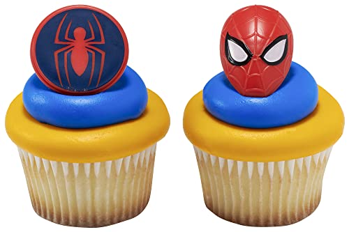 DecoPac Marvel's Spider-Man Spider and Mask Rings, Spider-Man Cupcake Decorations, Red and Blue Food Safe Cake Toppers – 24 Pack