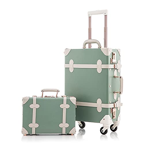 Unitravel 2 Piece Vintage Luggage Set 20 inch Handmade Faux Leather Carry on Suitcase for Women with 12 inch Cosmetic Train Case Handbag (Matcha Green)