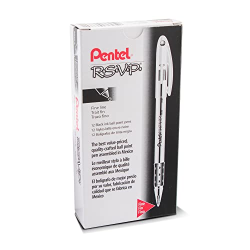 Pentel R.S.V.P. Ballpoint Pens, Fine Point, 0.7 mm, Clear Barrel, Black Ink, Pack Of 12