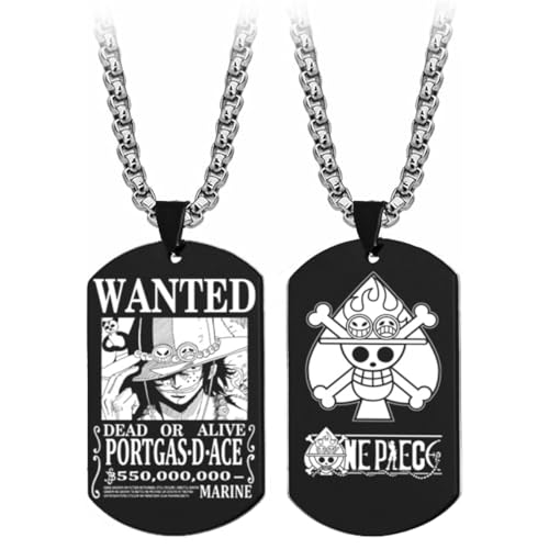 GSADWLI One Piece Wanted Poster Pendant Necklace Stainless Steel Chain Manga Necklaces Dog Tag Jewelry for Boys Girl Cosplay Fans Gifts (Portgas D Ace)