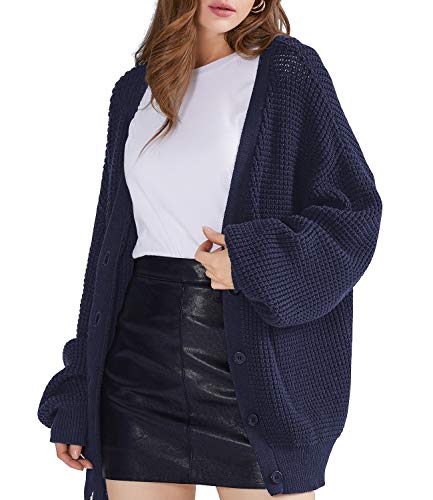 QUALFORT Basic Button Down Knit Cardigan Sweater Navy Large