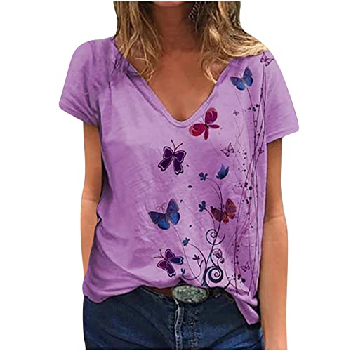 Work Blouses for Women Fashion 2023 Bohemian Casual Tops Short Sleeve Butterfly Print Loose Fitted Tshirts V Neck Dressy Summer Blouse Soft Comfy Summer Shirts Women