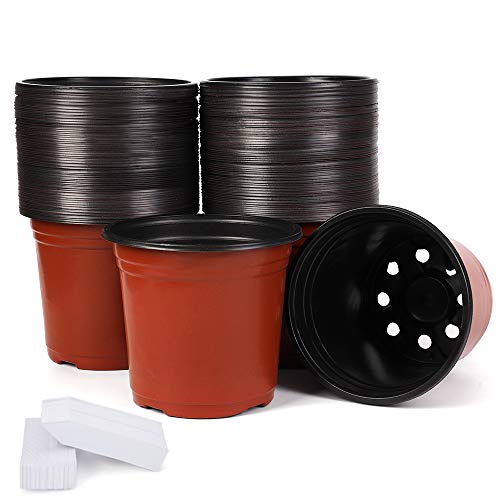 JERIA 100-Pack 6 Inch Plastic Nursery Pots Come with 100 Pcs Labels, Seedling Flower Plant Container and Seed Starting Pots