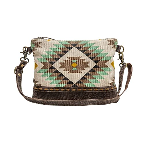 Myra Bag Canvas Zipper Bag - Deino Leather and Canvas Bags with Zipper, Aztec Design in Hues of Green, Brown, and Yellow, Crossbody Bags for Women, Canvas Zipper Pouch with Adjustable Strap