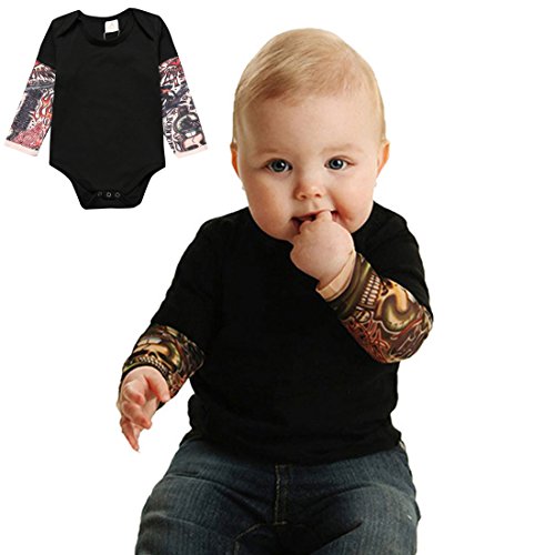 PAUBOLI Baby Boy Bodysuit Fake Tattoo Sleeve Shirt Bodysuit (6-12 Month, Black)