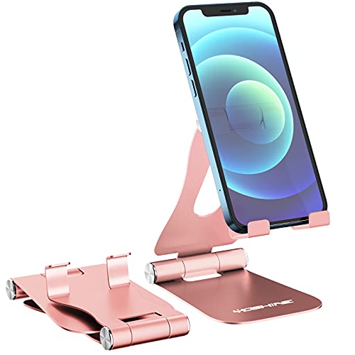 YOSHINE Cell Phone Stand Foldable - Adjustable Phone Stand for Desk, Tablet Stand Holder, Portable Aluminum Desktop Phone Holder for All Smart Phones and Tablets(4-13inch) - Rose Gold