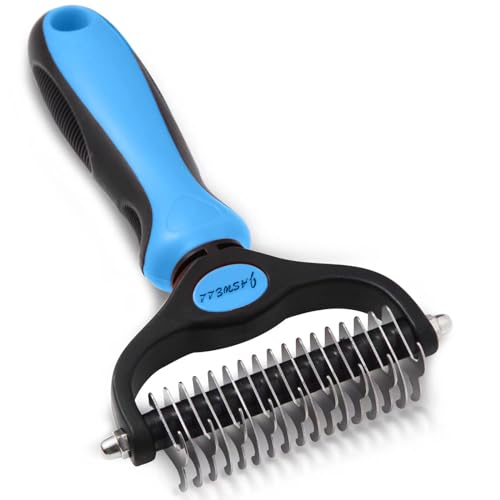 JASWELL Pet Grooming Tool- 2 Sided Undercoat Rake for Dogs &Cats-Safe and Effective Dematting Comb for Mats&Tangles Removing-No More Nasty Shedding or Flying Hair Blue