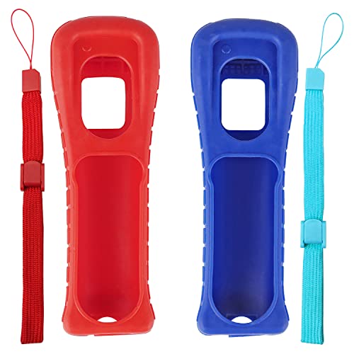 Jadebones 2X Silicone Skin Case Cover with Wrist Strap for Wii Remote Controller (Red+Blue)