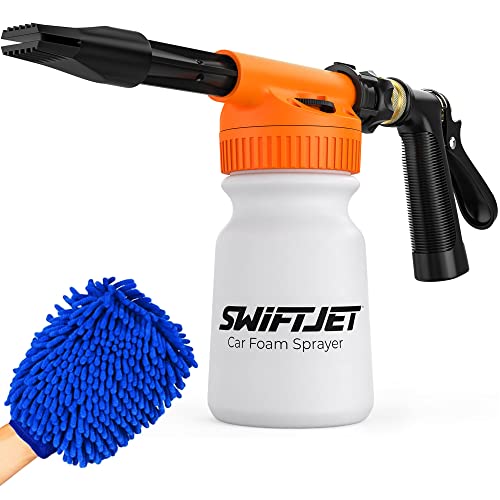 SwiftJet Car Wash Foam Gun + Microfiber Wash Mitt - Car Foam Sprayer - Car Wash Kit - Foam Cannon Garden Hose - Spray Foam Gun Cleaner - Car Accessories for Men - Snow Foam Blaster
