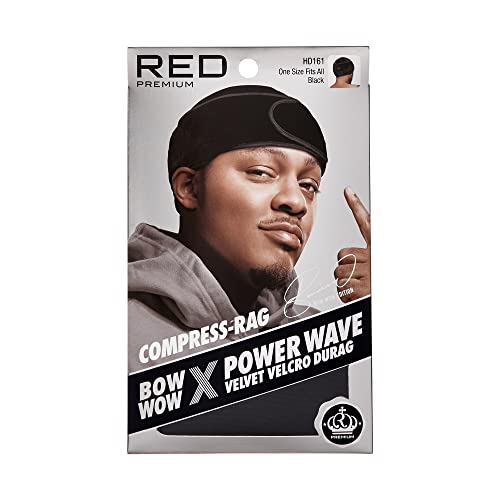 RED Premium Bow Wow X Power Wave Durag, 360 Wave Compression Cap for Men & Women, Adjustable Hook-and-Loop Strap, Stylish & Durable, Ideal for Locs, Braids, Finger Waves (Velvet - Black)