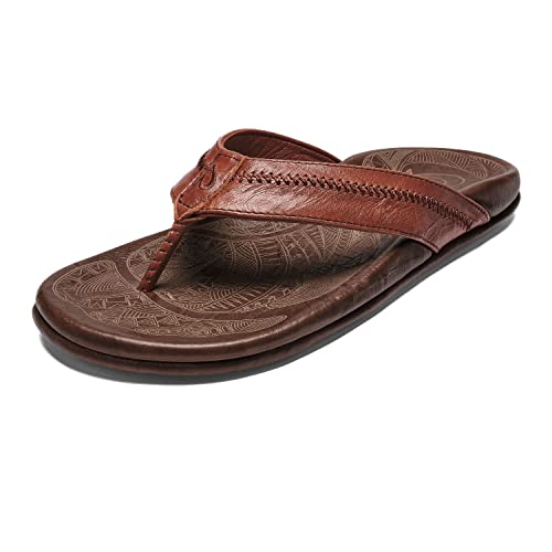 OLUKAI Hiapo Men's Beach Sandals, Full-Grain Leather Flip-Flop Slides, Compression Molded Footbed & Comfort Fit, Enhanced Grip Soles, Rum/Dark Wood, 10