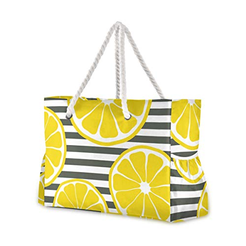 ALAZA Beach Bag, Summer Fresh Lemons and Black White Stripe Travel Tote Bags for Camping, Exercise